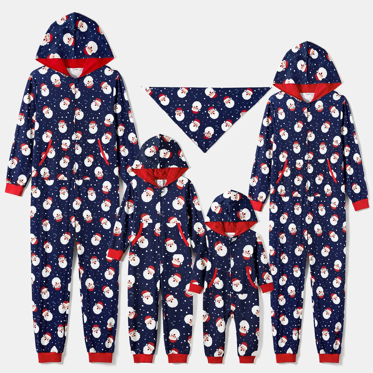 Christmas Santa Allover Print Family Matching Long-sleeve Hooded Onesies Pajamas Sets (Flame Resistant) Blue big image 1