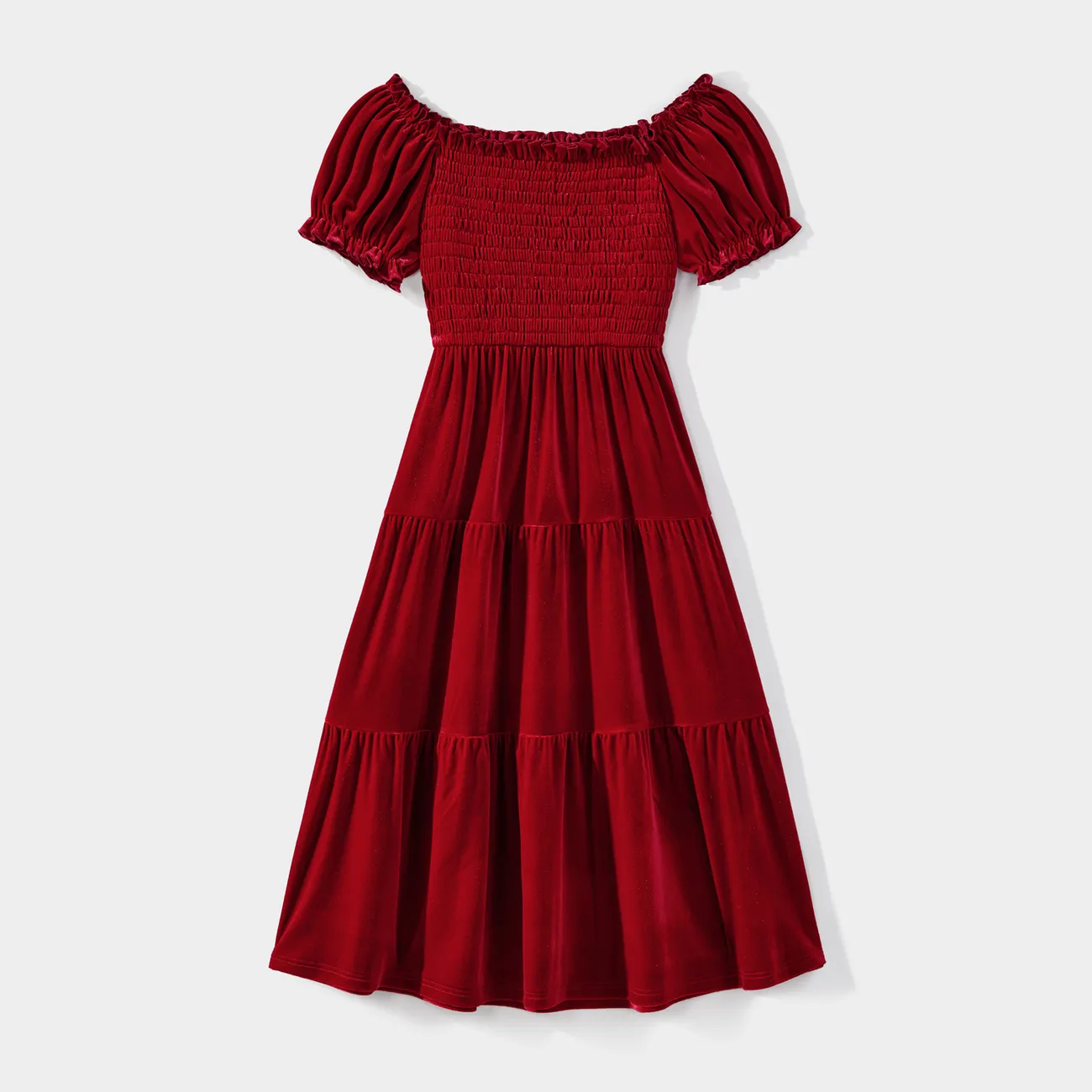 Family Matching Solid Shirred Tiered Velet Dresses and Short-sleeve Colorblock Shirts Sets Burgundy big image 1