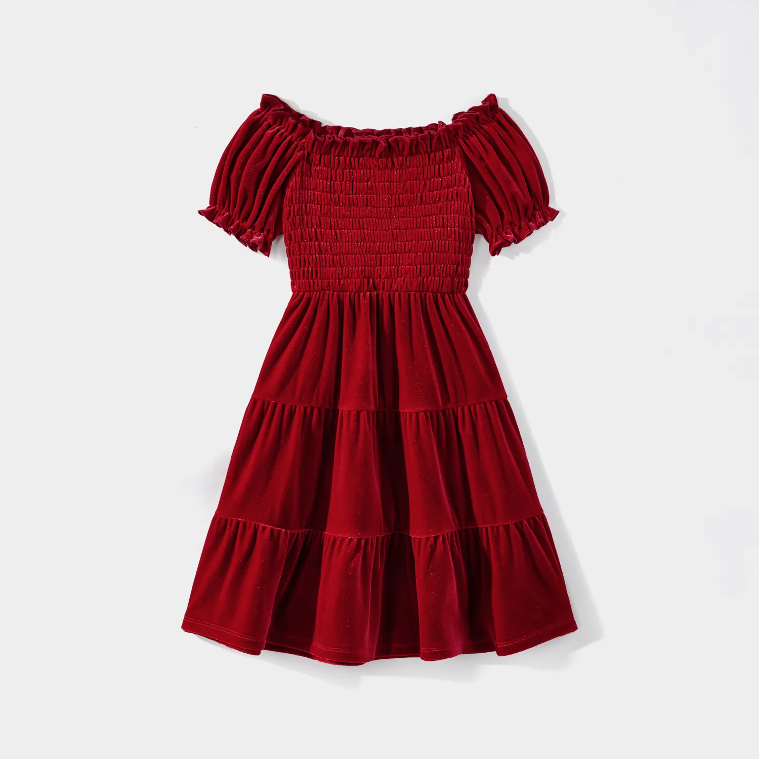 Christmas Family Matching Solid Shirred Tiered Velet Dresses And Short-sleeve Colorblock Shirts Sets