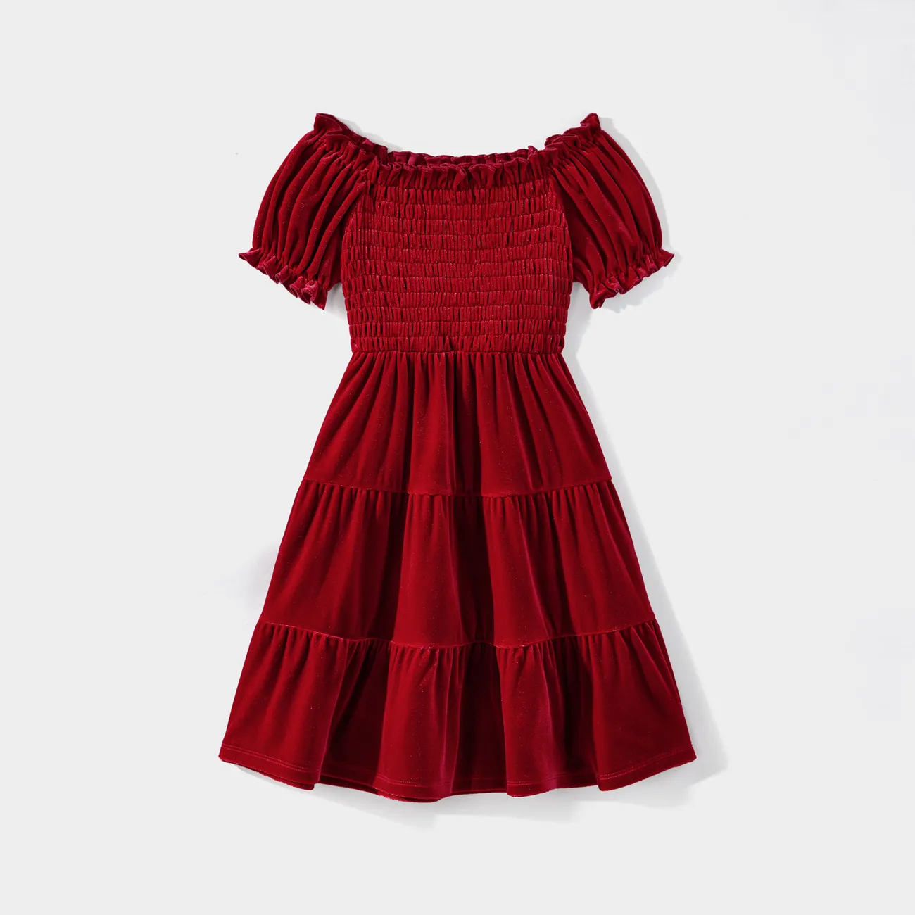 Family Matching Solid Shirred Tiered Velet Dresses and Short-sleeve Colorblock Shirts Sets Burgundy big image 1