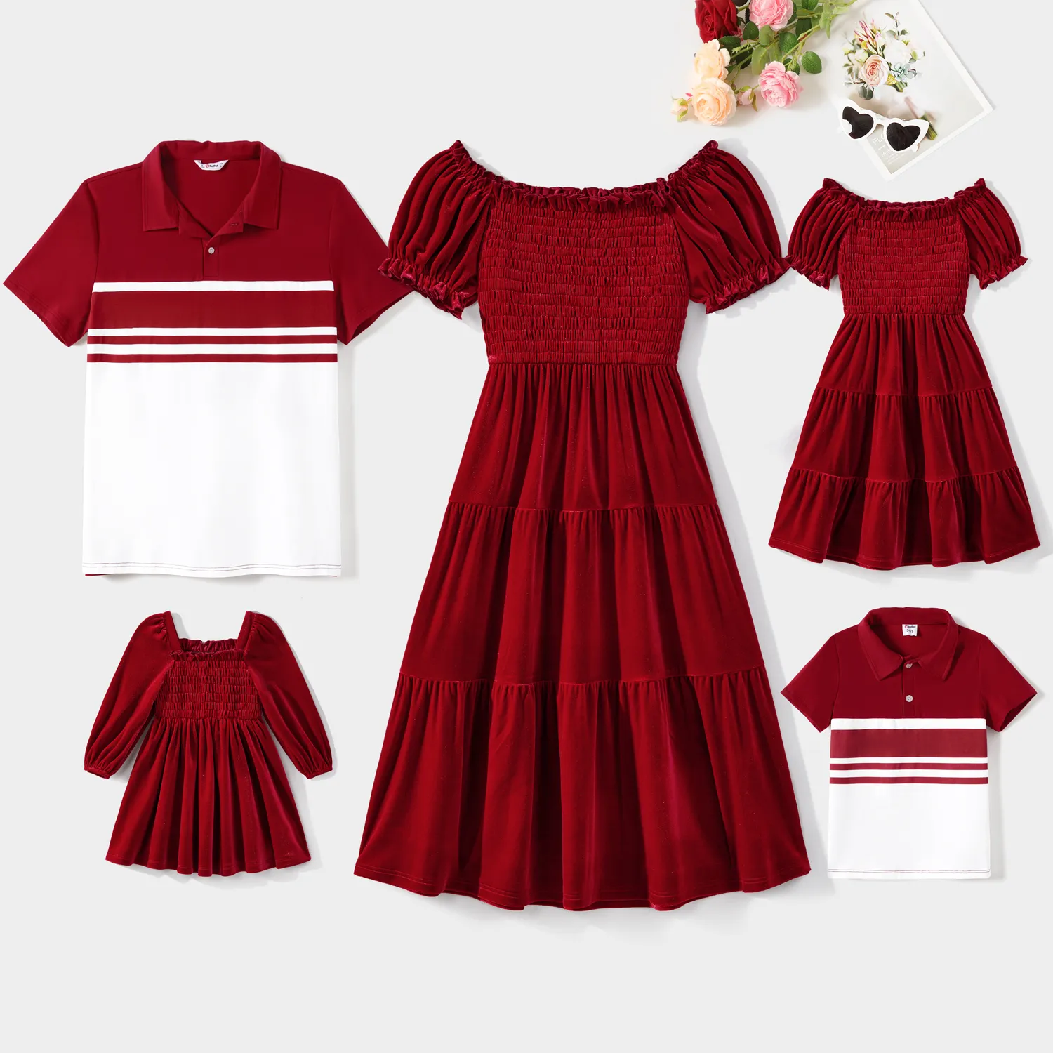 Christmas Family Matching Solid Shirred Tiered Velet Dresses And Short-sleeve Colorblock Shirts Sets