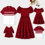 Christmas Family Matching Solid Shirred Tiered Velet Dresses and Short-sleeve Colorblock Shirts Sets  image 2