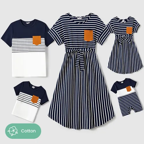 Family Matching Stripe Patched Pocket Belted Dresses and Colorblock Striped T-shirts Sets