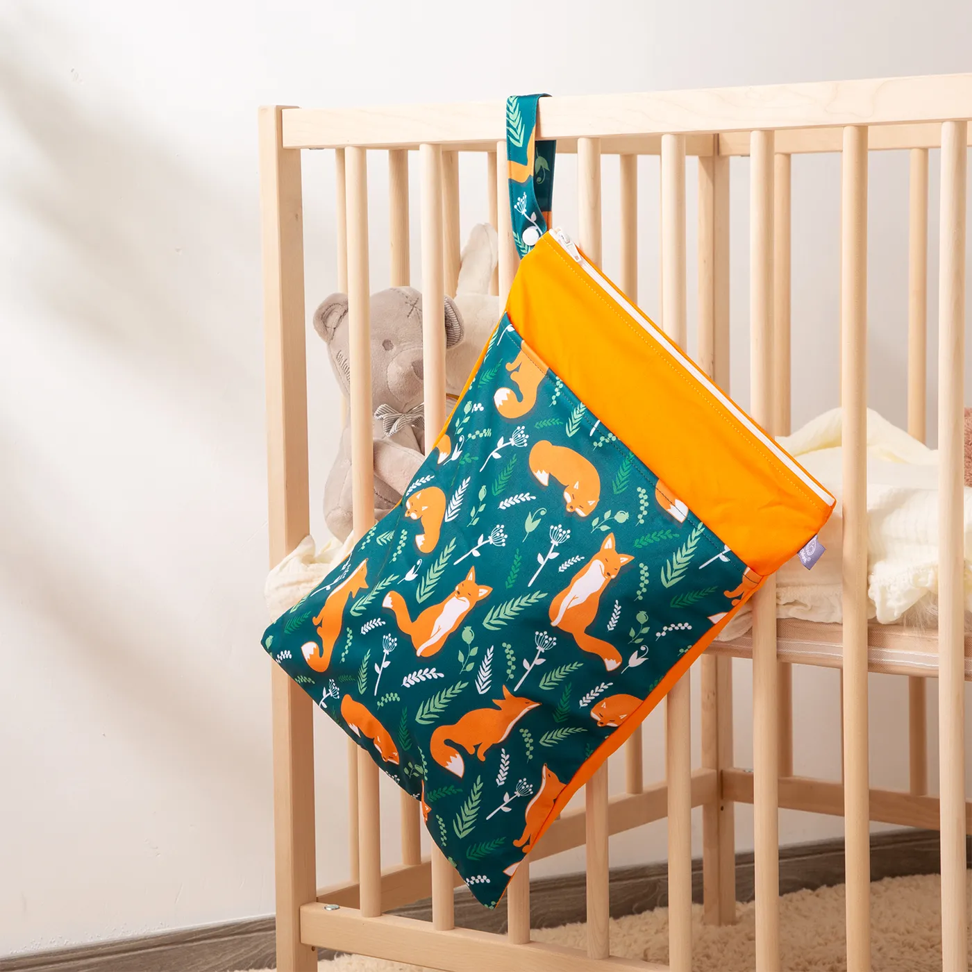 Baby Stroller Bedside Hanging Bag - Waterproof Cloth Diaper Wet/Dry Bag Dark Green image 2