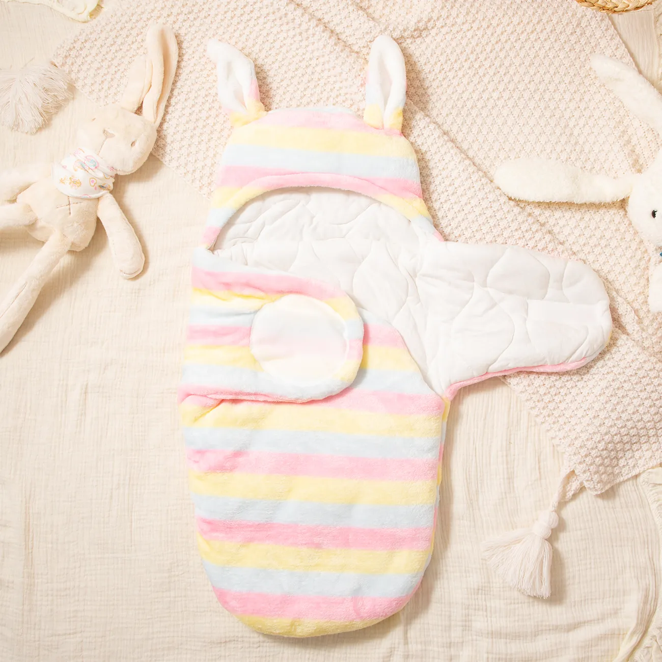 Sac de couchage / couverture pour nouveau-né en flanelle d’hiver avec conception d’oreille de lapin mignonne Multicolore big image 1