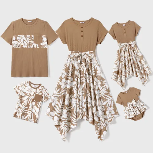 Family Matching Flora Print Short-sleeve Rib Knit Belted Dresses and Tops Sets
