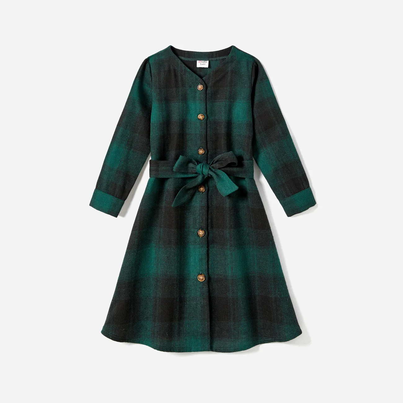 Family Matching Casual Plaid Long-sleeve Belted Dresses & Tops Sets Dark Green big image 1