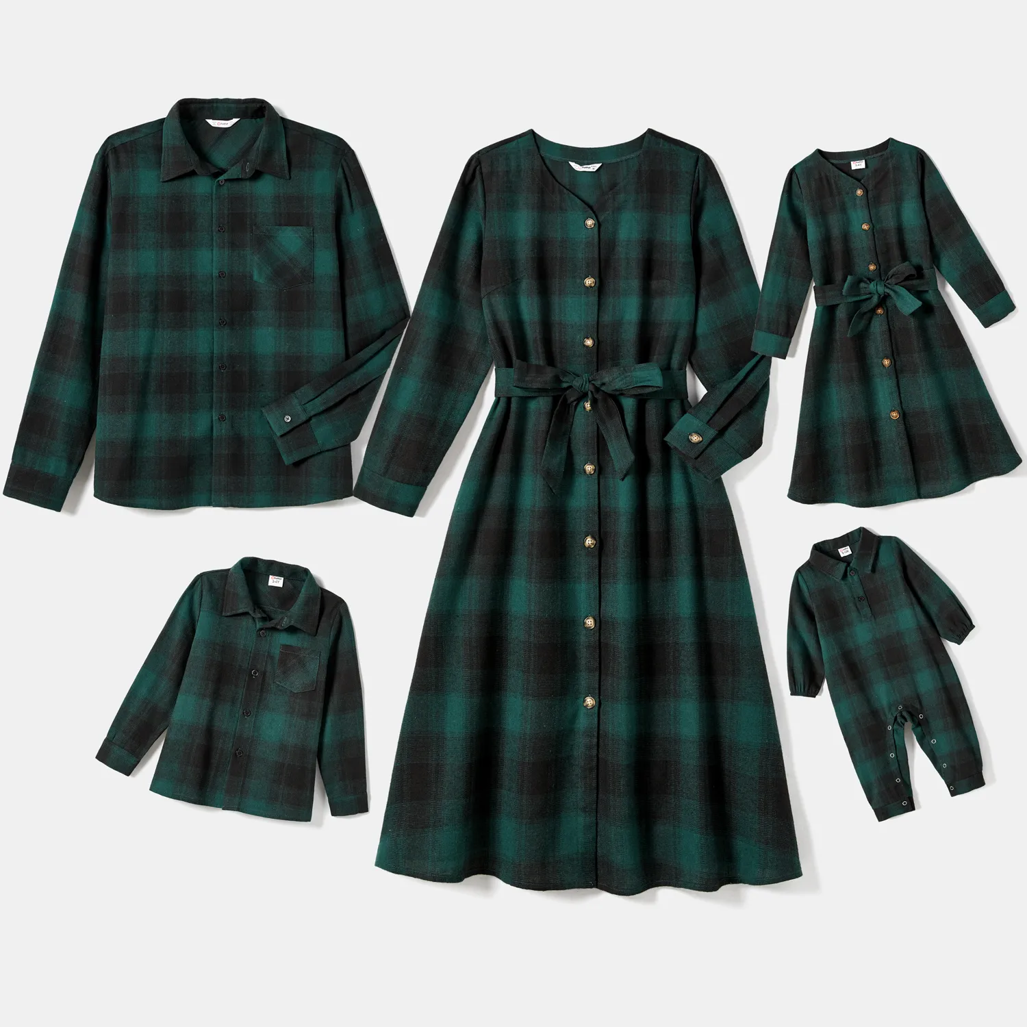 Family Matching Casual Plaid Long-sleeve Belted Dresses & Tops Sets