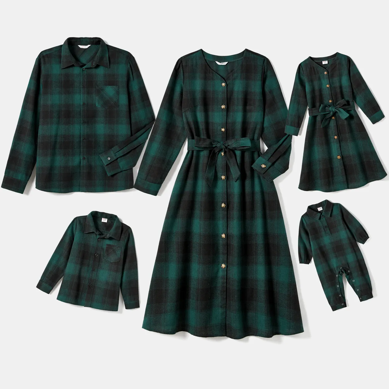 Family Matching Casual Plaid Long-sleeve Belted Dresses & Tops Sets Dark Green big image 1