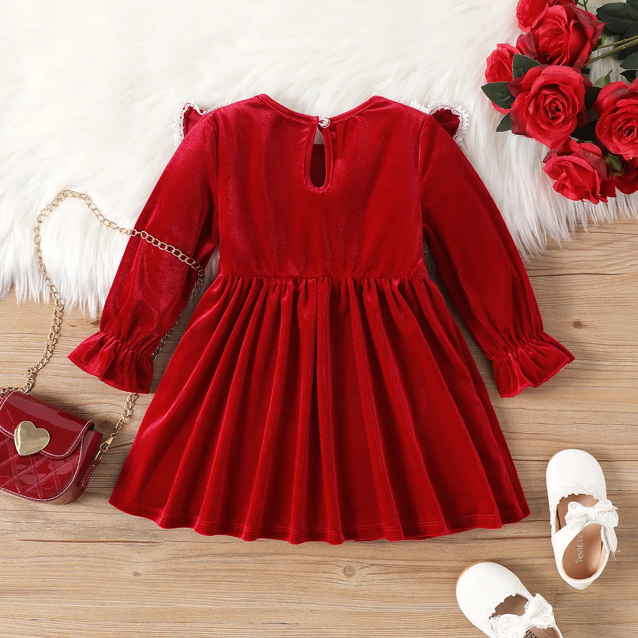Toddler Girl Solid Color Christmas Sweet Ruffle Dress  Red big image 1