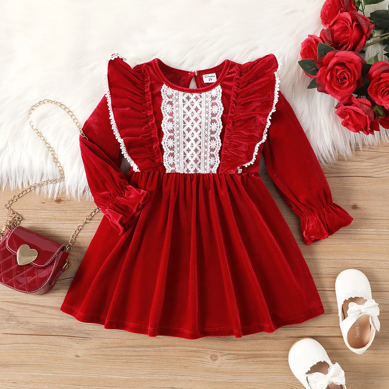 Toddler Girl Solid Color Christmas Sweet Ruffle Dress   big image 1