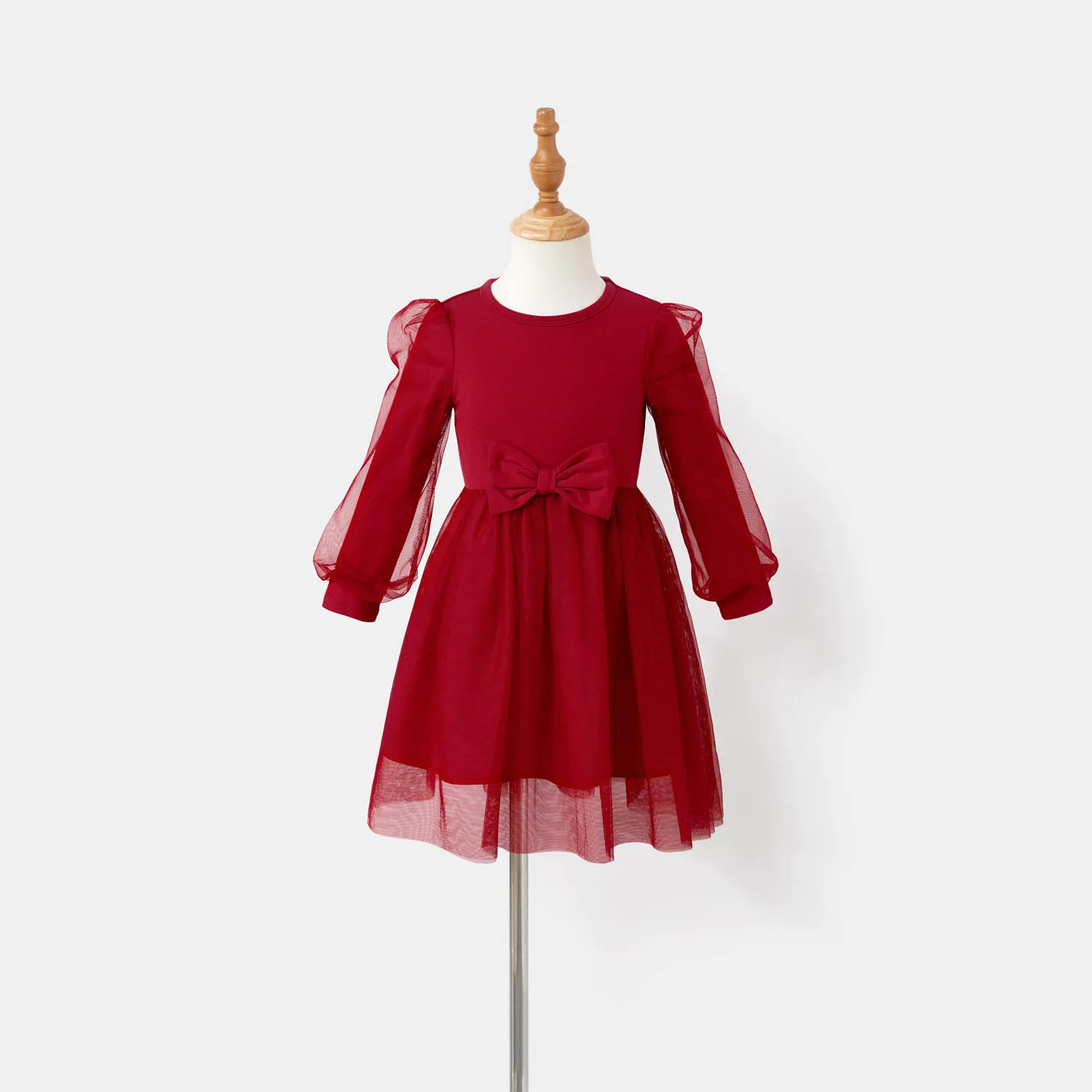 Family Matching Plaid Shirt Tops and Red Mesh Splice Belted Dresses Sets Burgundy big image 1