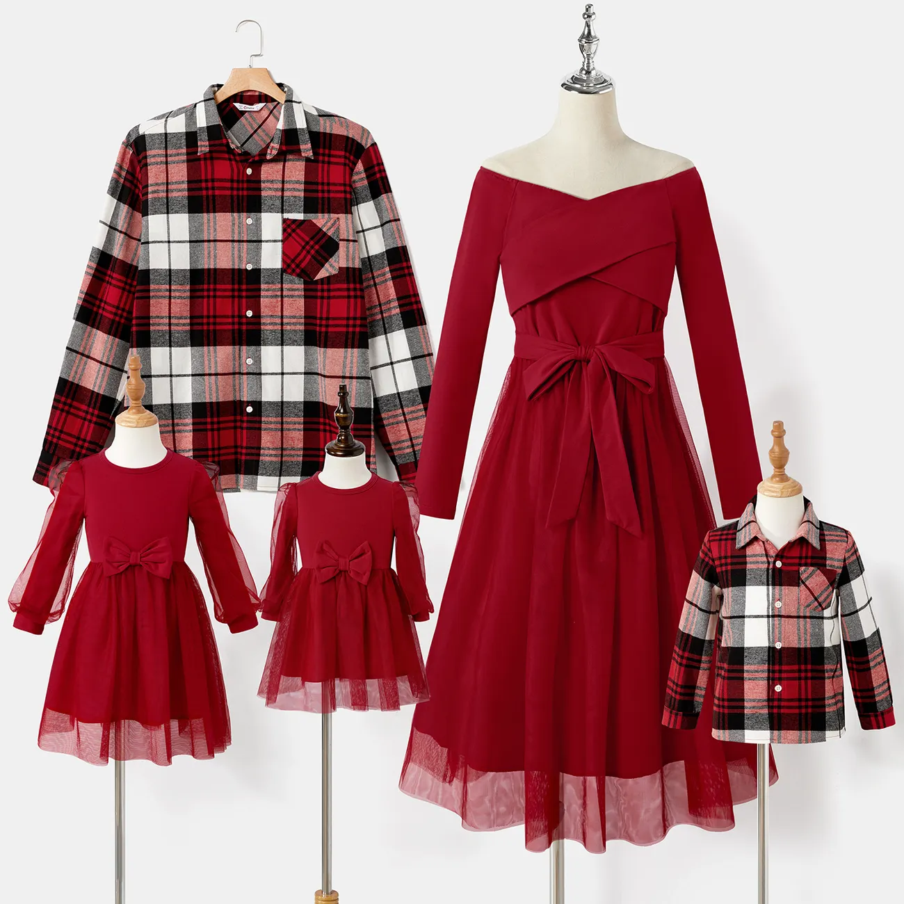Family Matching Plaid Shirt Tops and Red Mesh Splice Belted Dresses Sets Burgundy big image 1