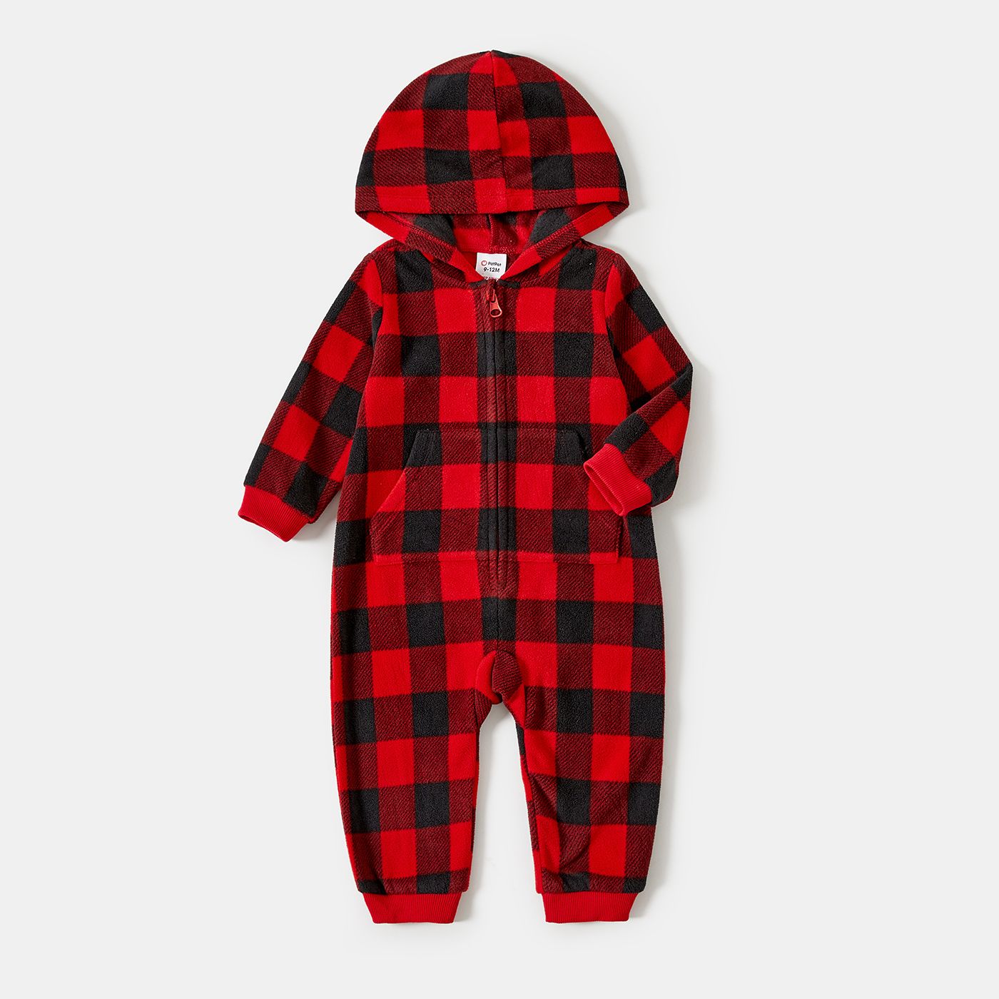 Christmas Family Matching Red And Black Plaid Hooded Drawstring Fleece Long-sleeve Coat Top