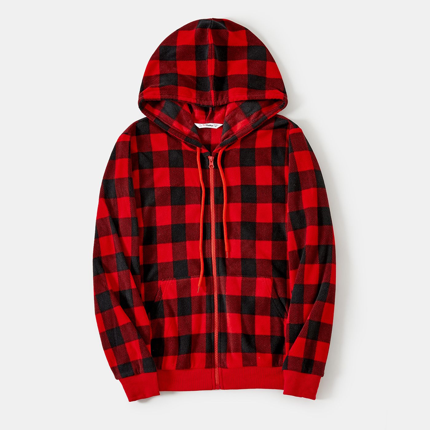 Christmas Family Matching Red And Black Plaid Hooded Drawstring Fleece Long-sleeve Coat Top