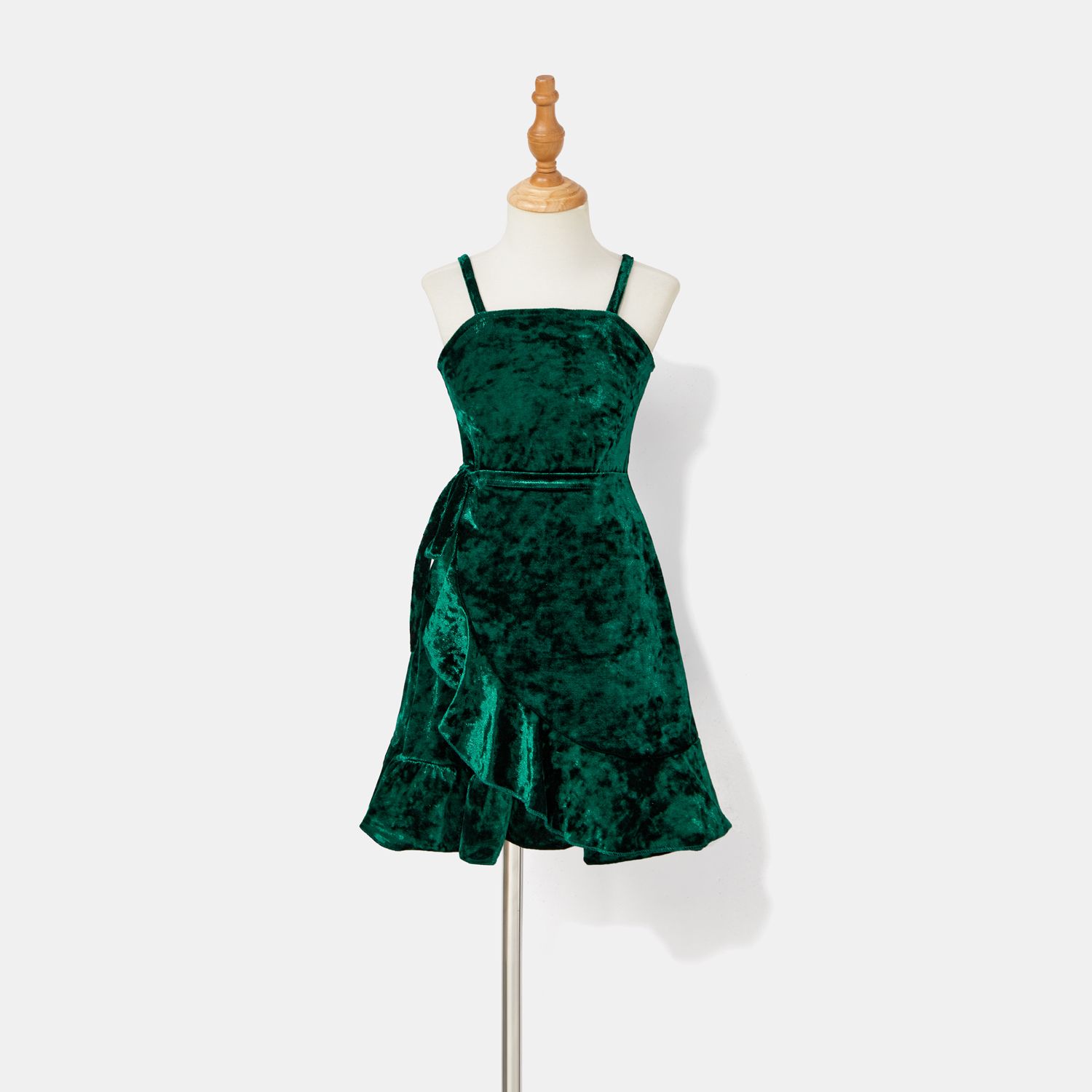 

Family Matching Green Velvet Ruffle-sleeve Strappy Dresses and Plaid Short-sleeve Shirts Sets