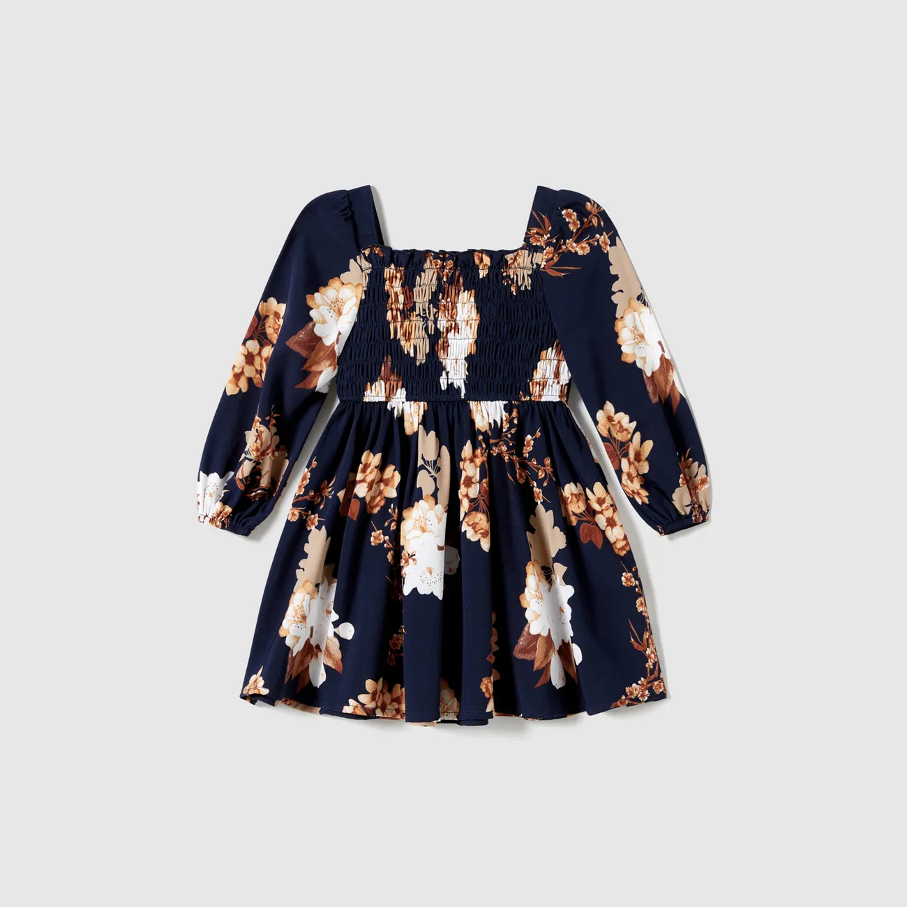 Family Matching Long-sleeve Color-block Tops and Floral Print Dresses Sets Deep Blue big image 1
