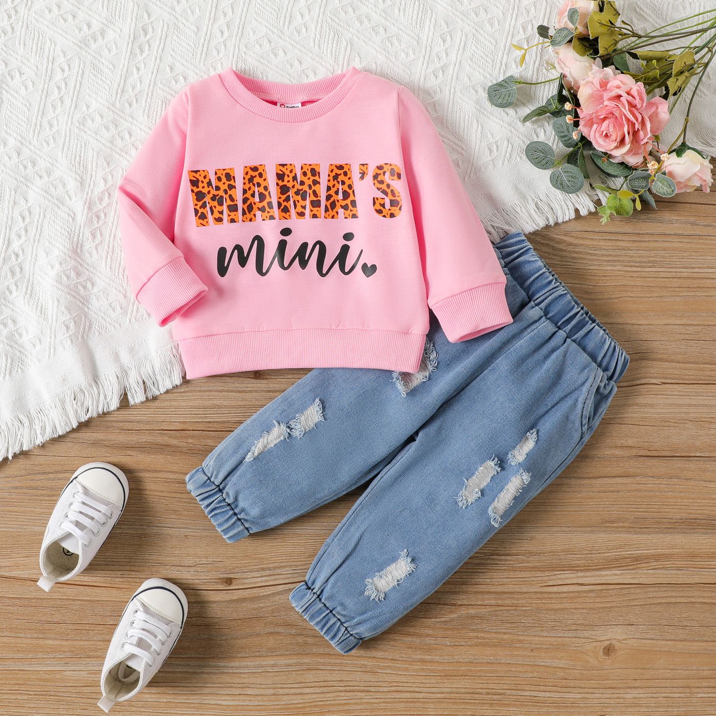 2PCS Baby Girl Casual Distressed Feature Letter Pattern Long Sleeve Sets