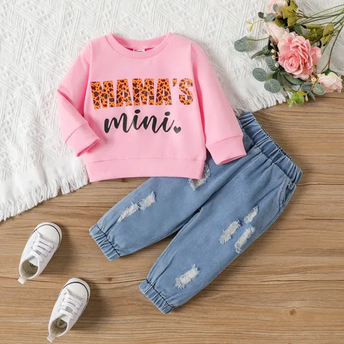 2PCS Baby Girl Casual Distressed Feature Letter Pattern Long Sleeve Denim Sets
