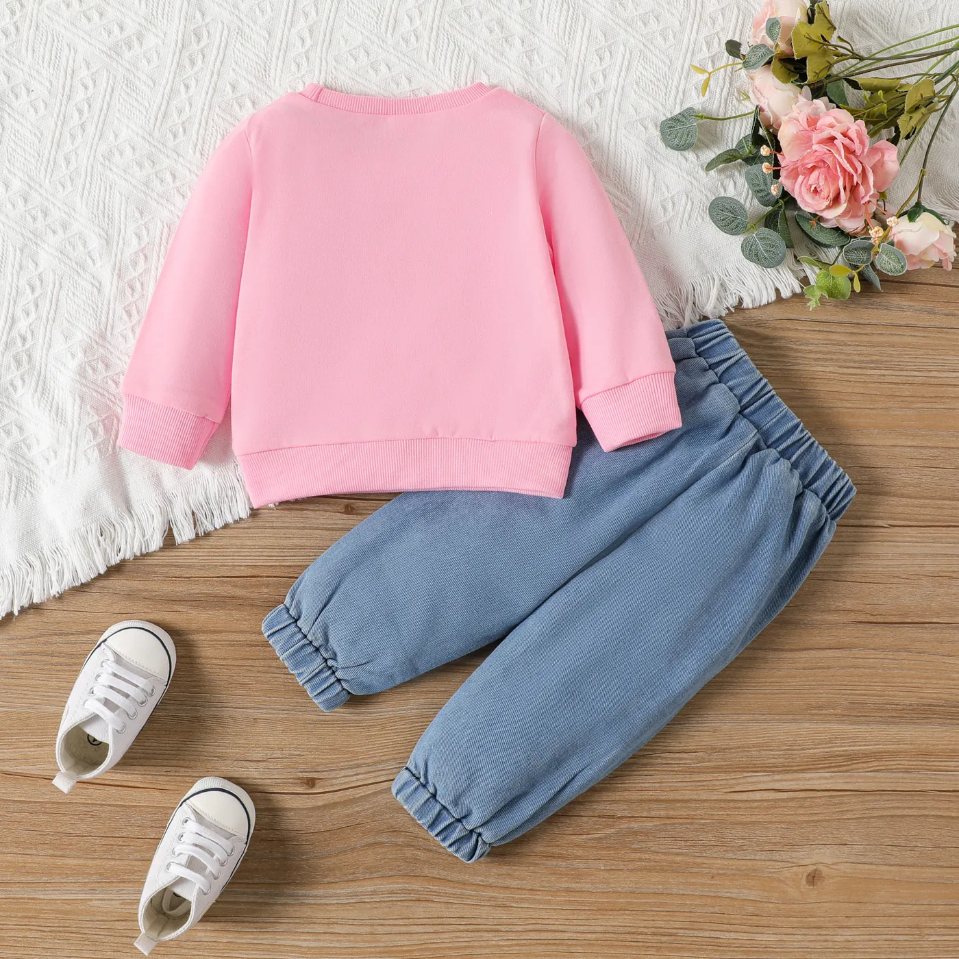 2PCS Baby Girl Casual Distressed Feature Letter Pattern Long Sleeve Denim Sets
  image 2