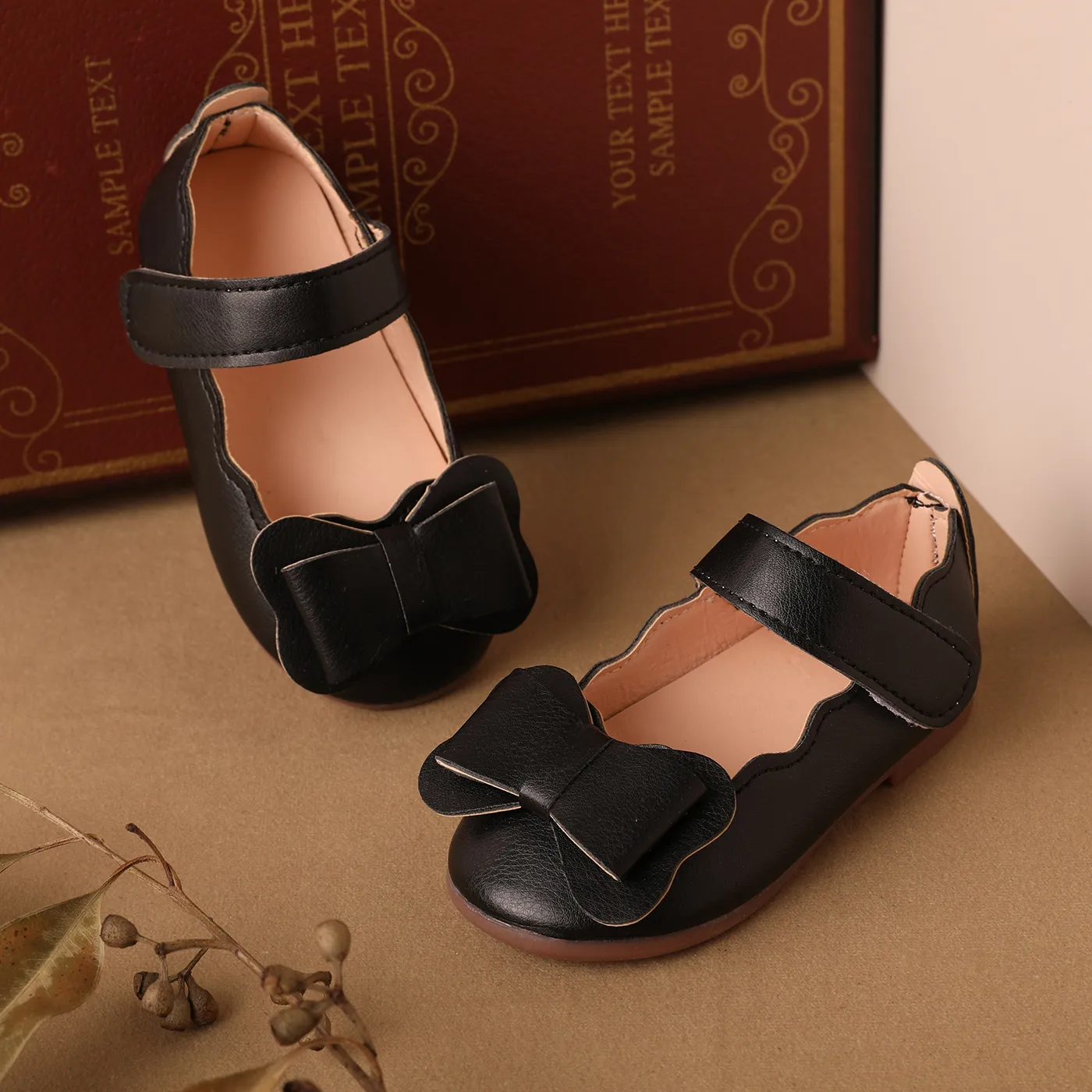  Toddler and Kids Bow Decor Solid Color Velcro Shoes Black