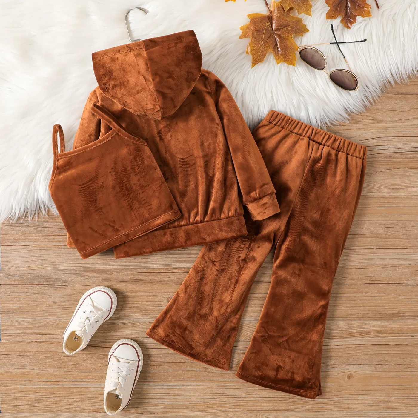 3PCS Toddler Girl Avant-garde Letter Hooded  Sets toddler Brown image 2