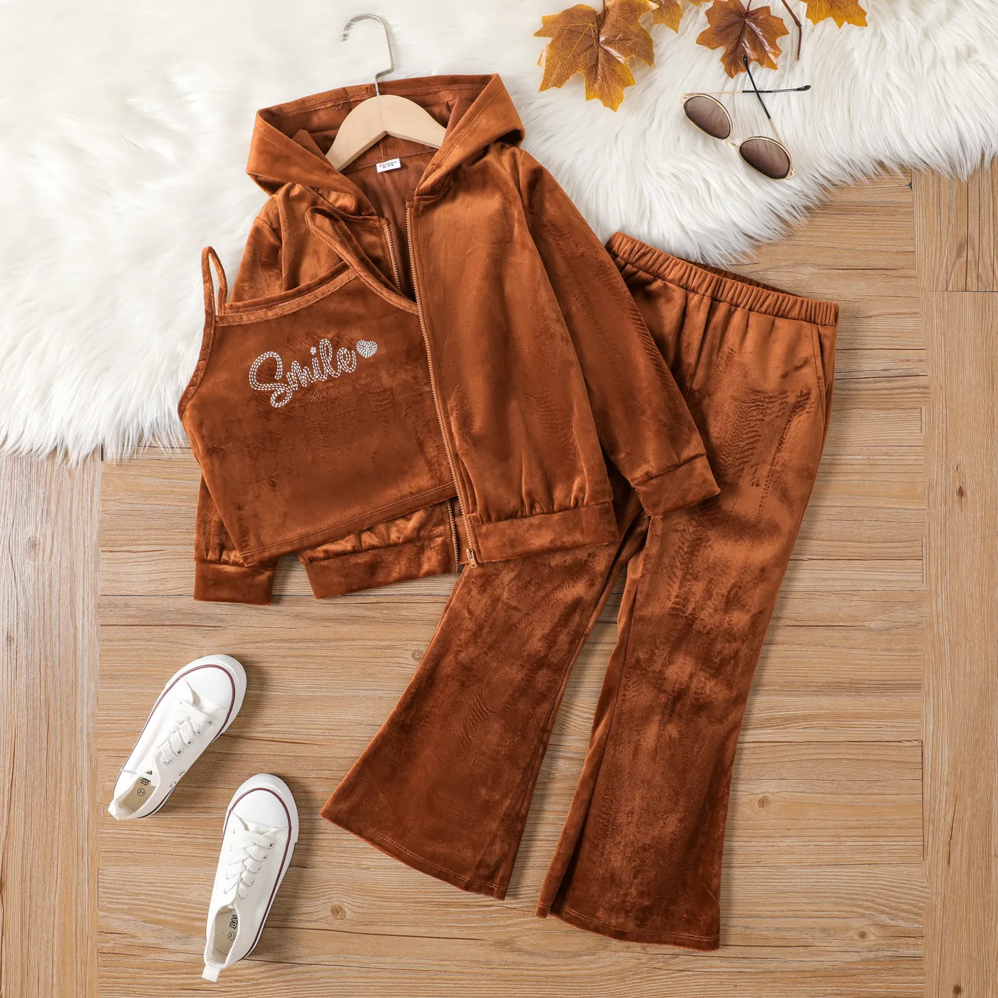 3PCS Toddler Girl Avant-garde Letter Hooded  Sets kids Brown