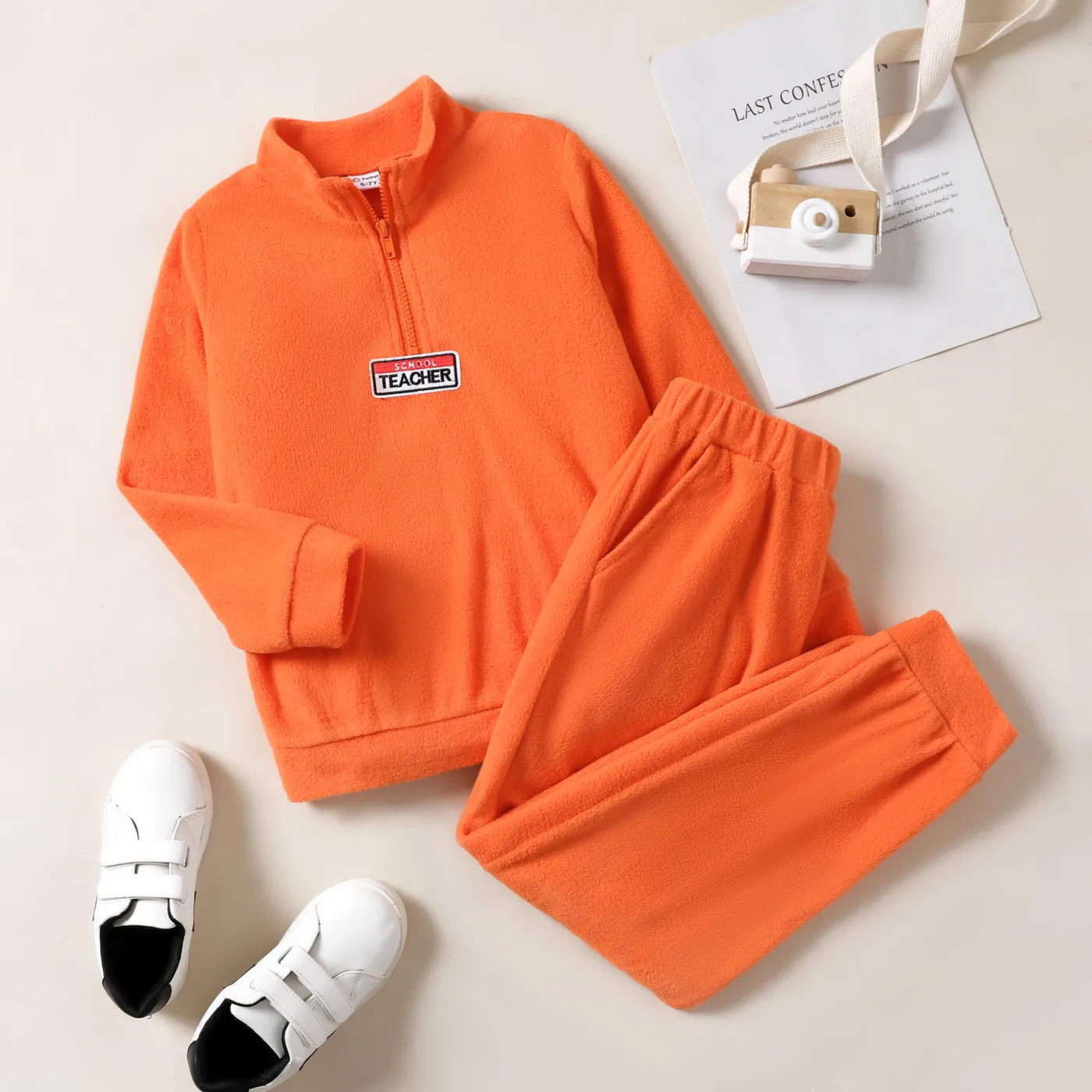2pcs Kid Boy Trendy Avant-garde Solid Color  Set Orange