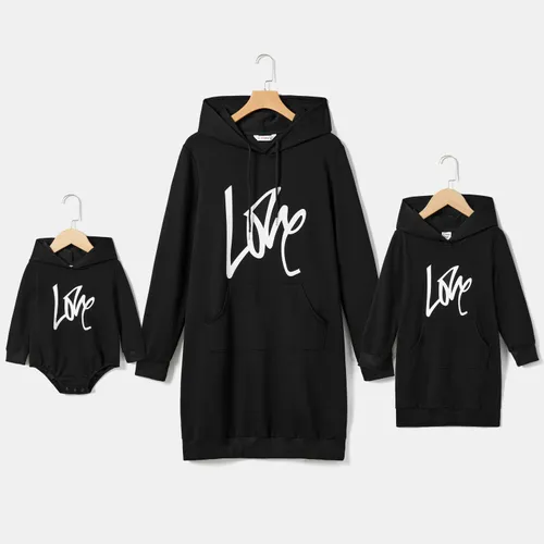 Mommy and Me Letter Print Black Long-sleeve Hoodie Dresses