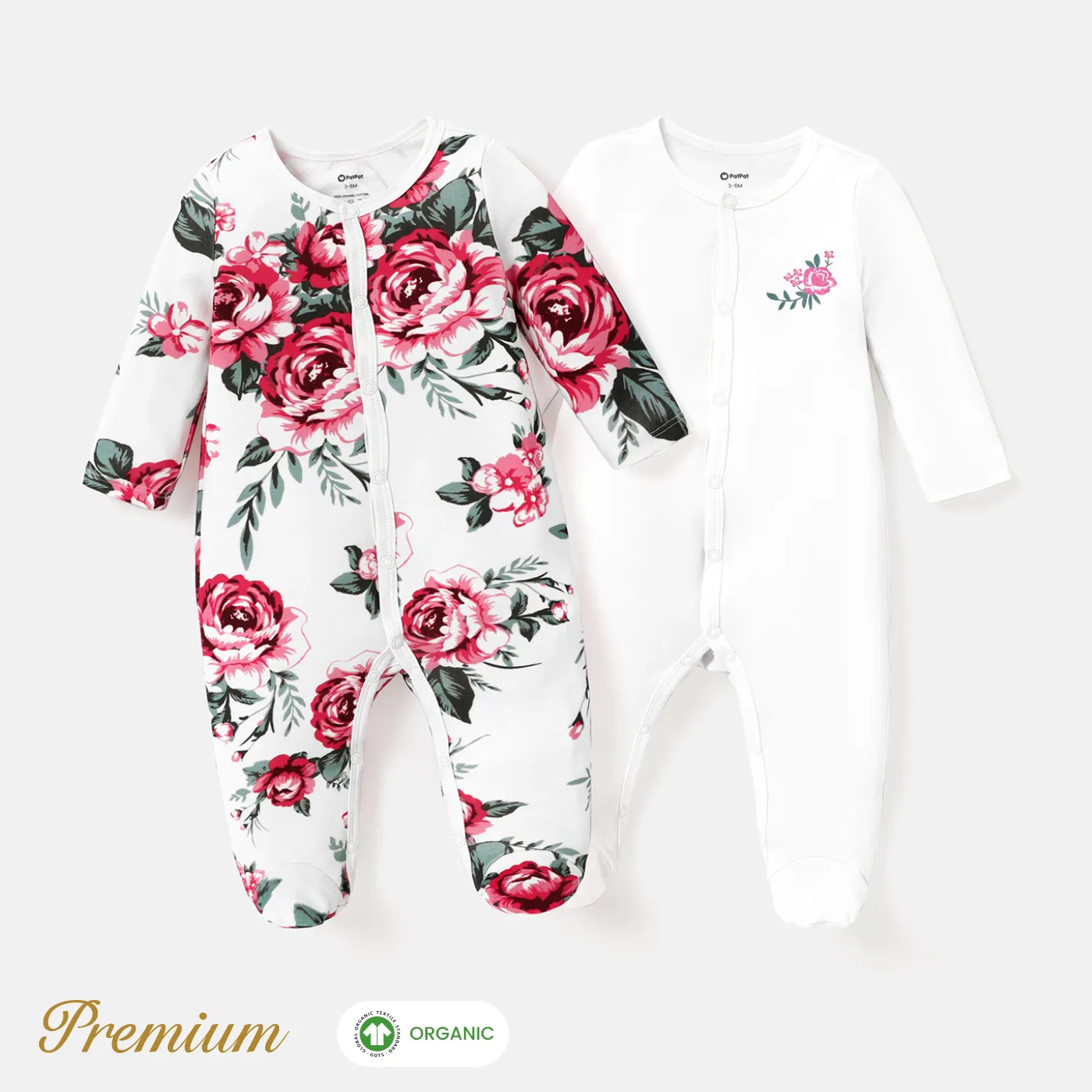 2pcs Organic Cotton Set Sweet Floral Jumpsuit for Baby Girls Pink big image 1