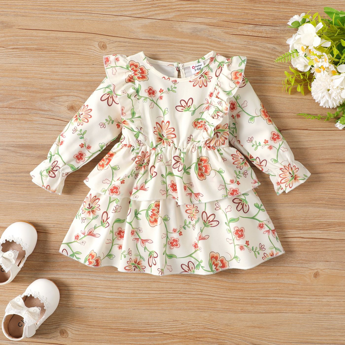 Baby Girl Sweet Flower Pattern Robe à Manches Longues Multicouche