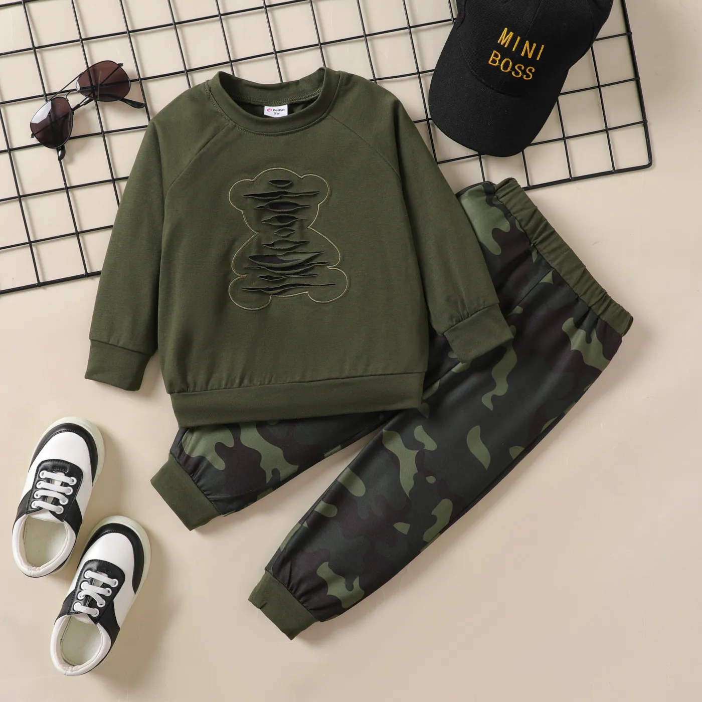  2PCS Toddler Boy Avant-garde Hole Design Camouflage Top/Pant Set  image 1