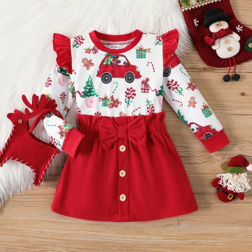 2PCS Toddler Girl Sweet Christmas Flutter Sleeve Top/Skirt Set 
