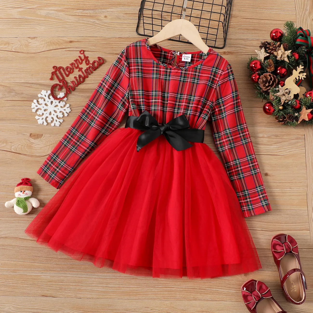 2PCS Kid Girl Childlike Christmas Multi-layered Grid Belted Dress Set  big image 1