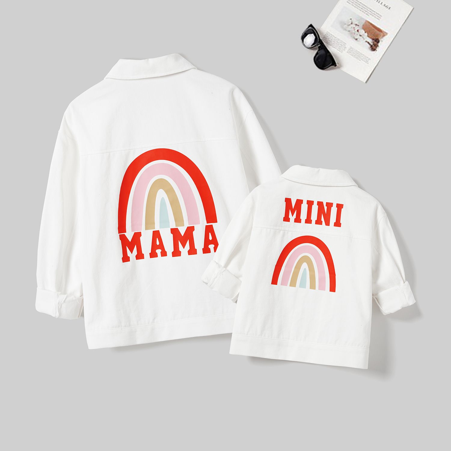 Mommy And Me Cotton Casual Rainbow Print Denim Tops à Manches Longues