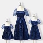 Mommy and Me Solid Velvet Puff Sleeve Belted Dresses  image 2