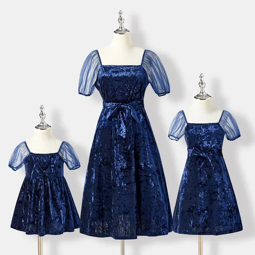 Mommy and Me Solid Velvet Puff Sleeve Belted Dresses