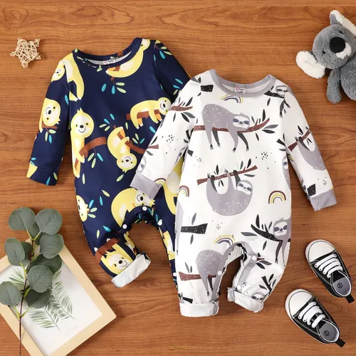 Baby Boy All Over Cartoon Sloth Print White Long-sleeve Jumpsuit
