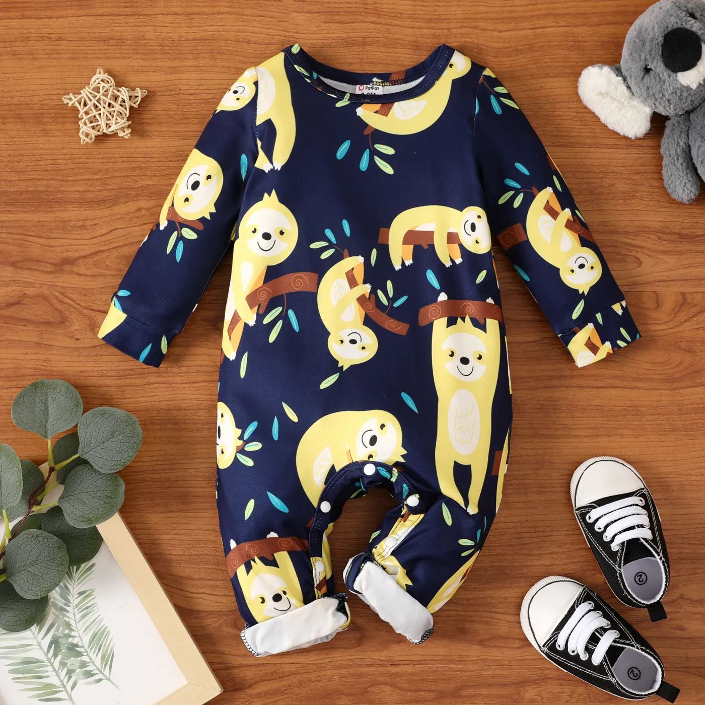 Baby Boy All Over Cartoon Sloth Print White Long-sleeve Jumpsuit