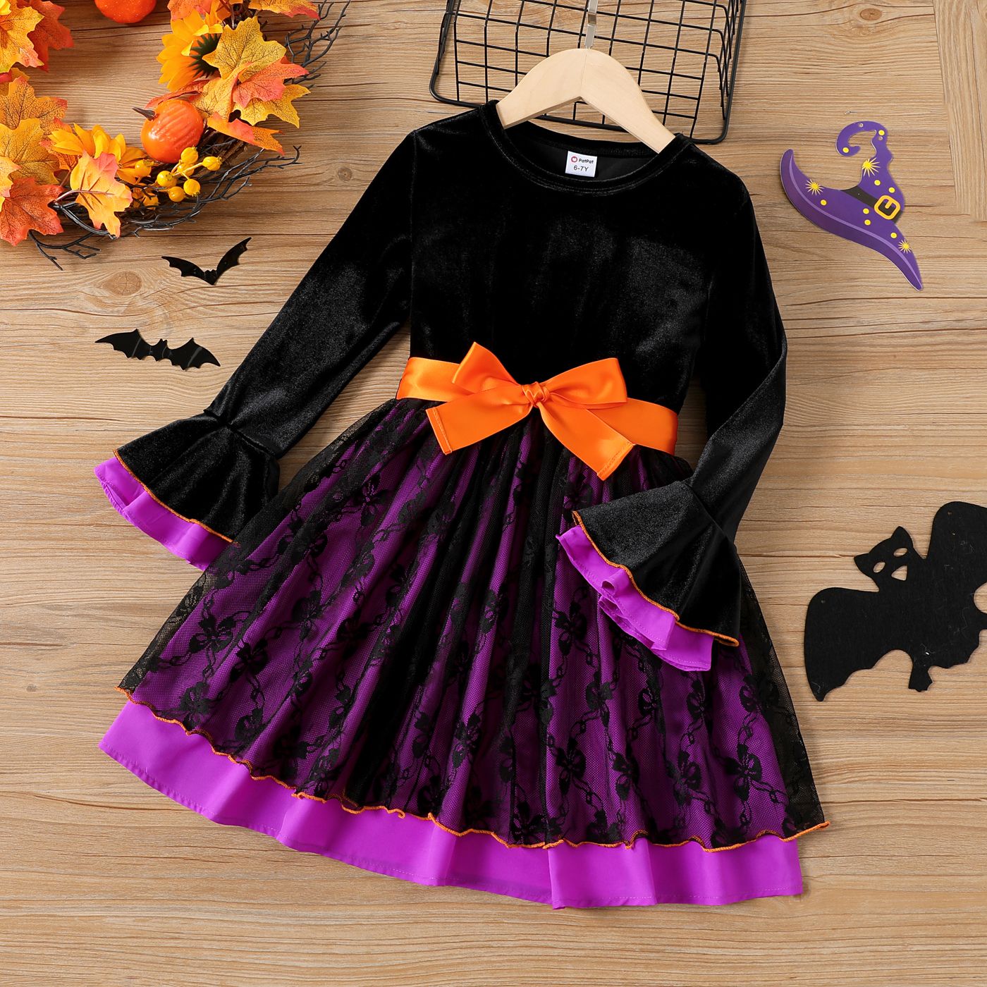 2 PCS Kid Girl Sweet Halloween Pattern Ruffle Edge Jupe / Robe Set
