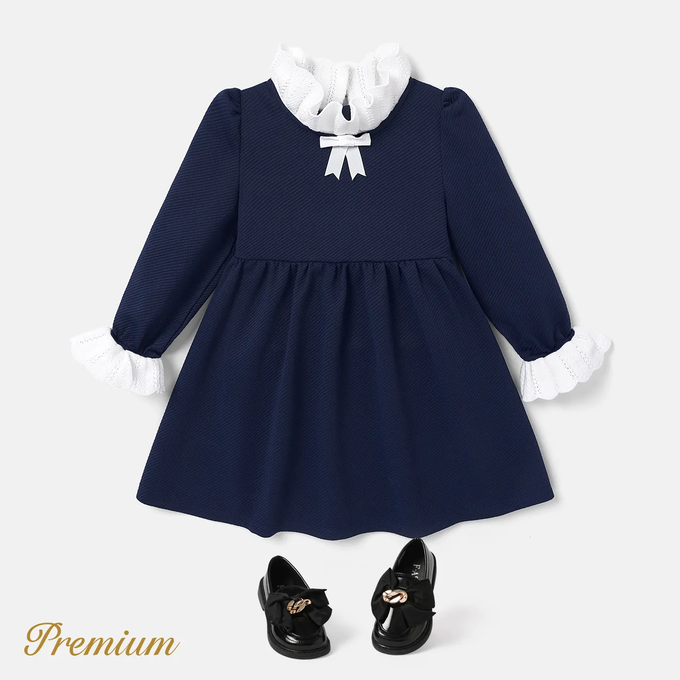 Medium Thickness Solid Color Long Sleeve Elegant Toddler Girl Dress with Stand Collar