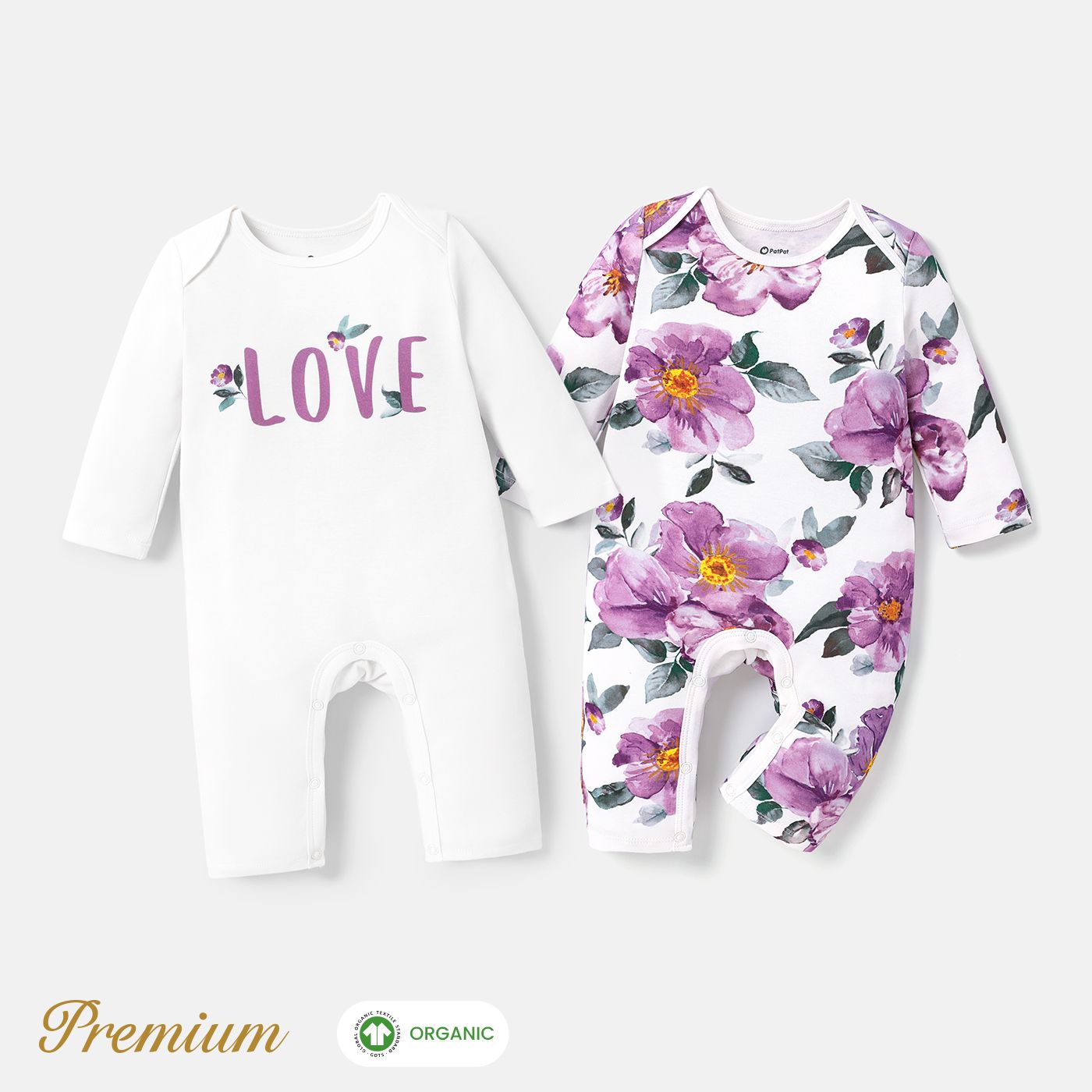 2pcs Long Sleeve Organic Cotton Baby Girl Jumpsuit Set With Big Floral Pattern