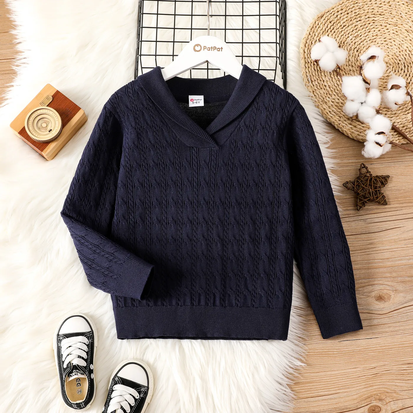 Kid Boy Textured Lapel School Sweater  Dark Blue