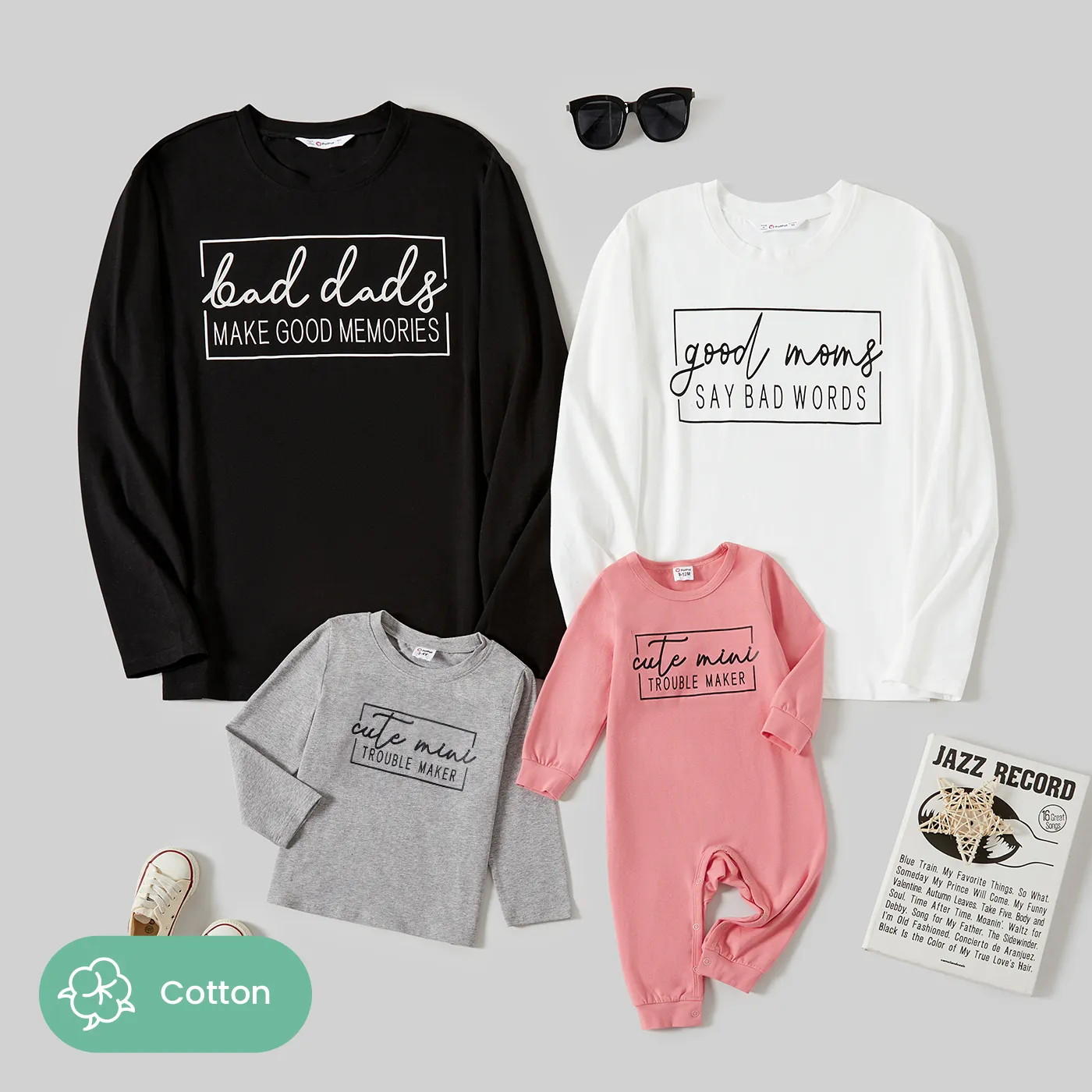 Family Matching Letters Print Cotton Long Sleeve Tops Color block image 2