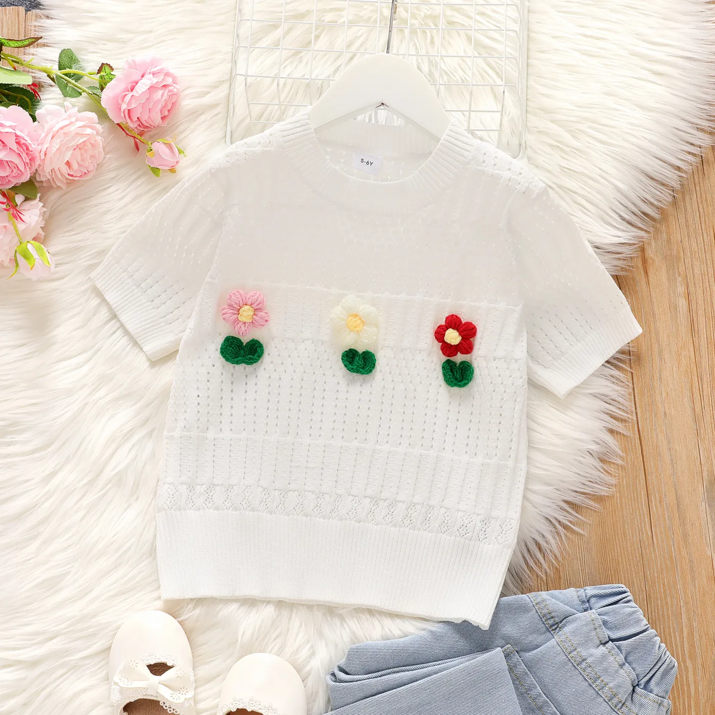 Kid Girl Sweet Hyper-Tactile 3D Flower Shape Sweater White big image 1
