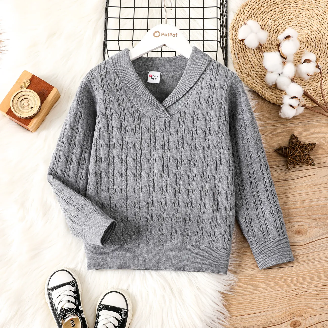 Kid Boy Textured Lapel School Sweater Grey big image 1