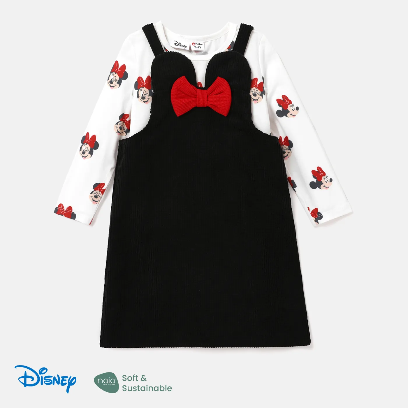 Disney Mickey and Friends Toddler Girl 2pcs Character Print Long-sleeve Bodysuit and Bow Decor Floral Print Skirt Set BlackandWhite image 2