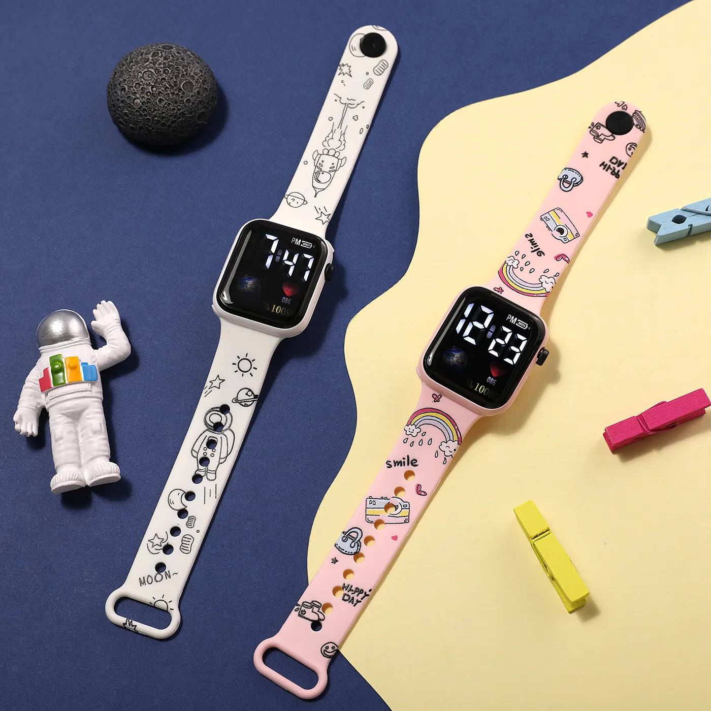 Children's Cartoon Print Button LED Square Electronic Watch with Box