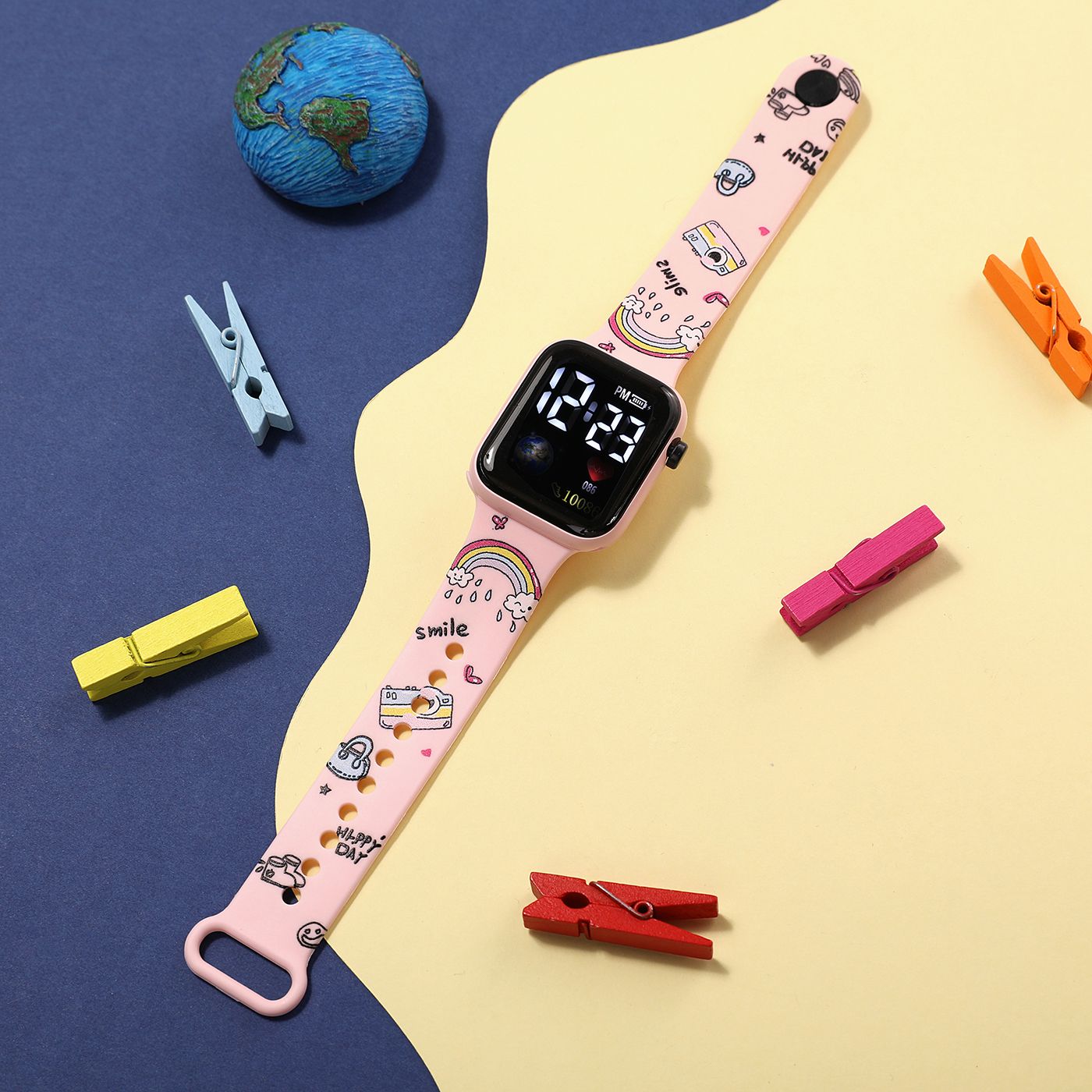 

Children's Cartoon Print Button LED Square Electronic Watch with Box