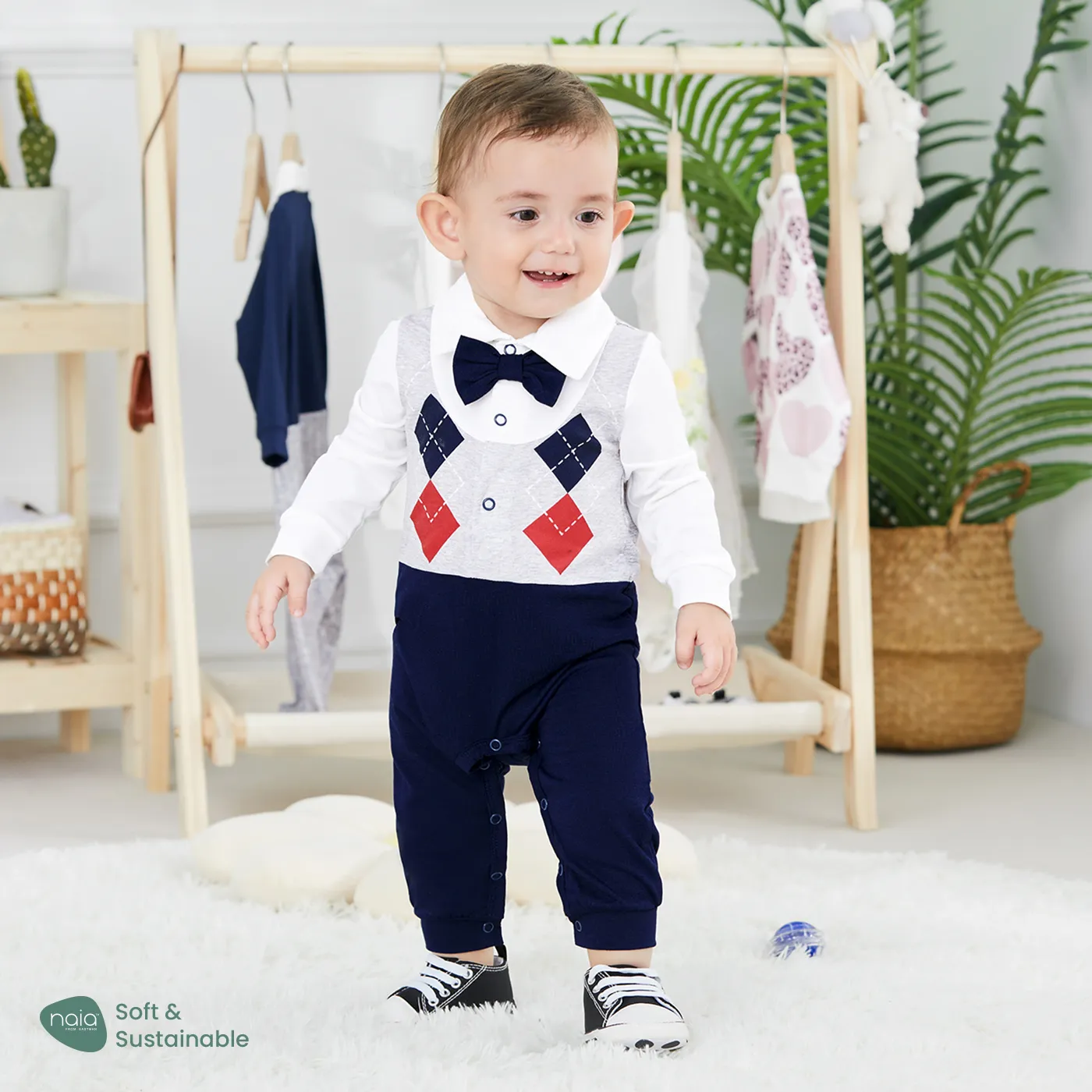 Baby Boy de manga comprida Faux-two listrado cavalheiro bow tie macacão colorblock image 3